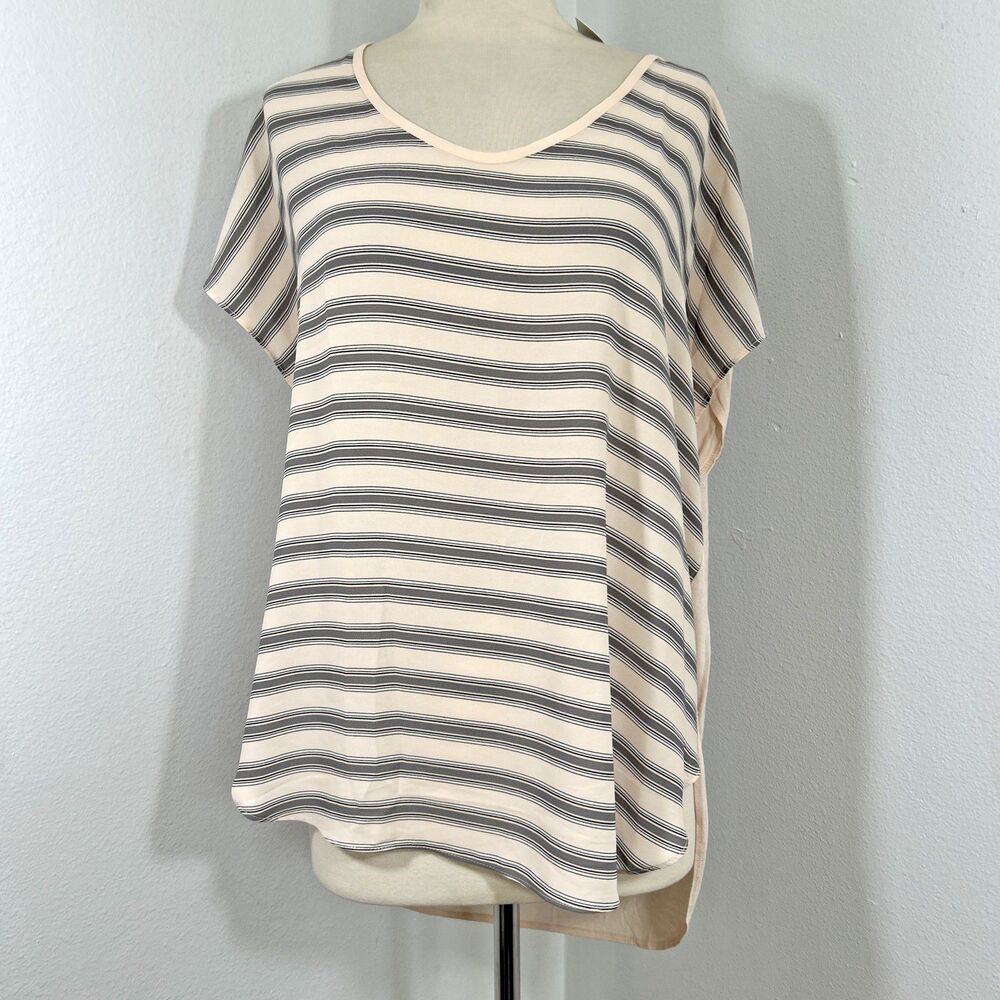 Loft Top‎ Womens Large Beige Strip Mix Material Blouse